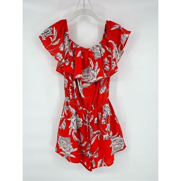 Yumi Kim Mia Tie Romper Red White Floral Carnation Off Shoulder Women Size Small - Picture 1 of 11